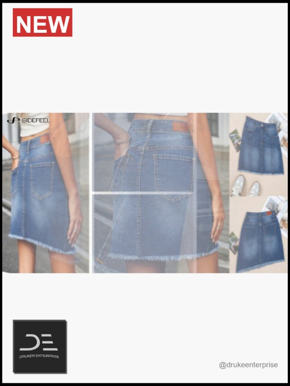 High Waist Stretch Denim Skirt Raw Hem Zip Fly - Picture 7 of 7